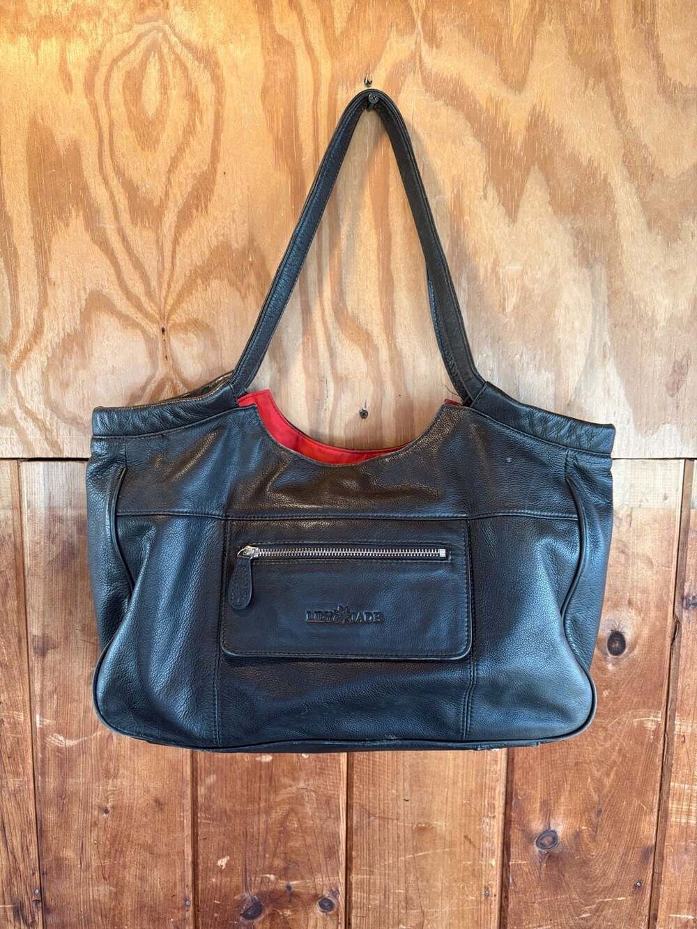 Lily Jade Black Leather Tote Bag with Red Interior